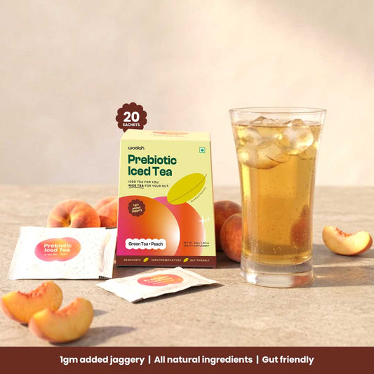 Prebiotic Peach Iced Green Tea with only 1 gram Jaggery