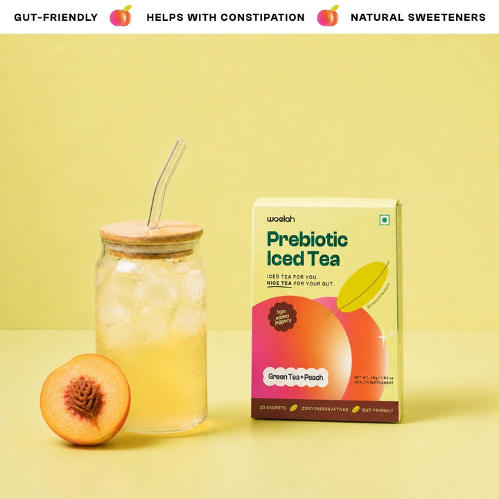 Prebiotic Peach Iced Green Tea with only 1 gram Jaggery