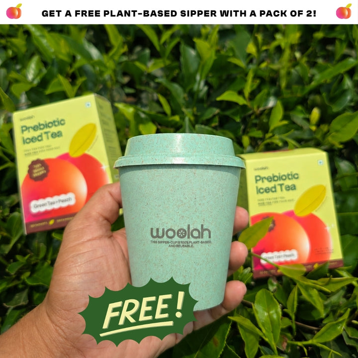 Prebiotic Peach Iced Green Tea with only 1 gram Jaggery