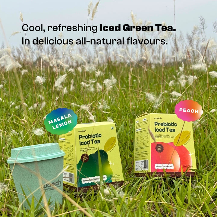 Prebiotic Peach Iced Green Tea with only 1 gram Jaggery