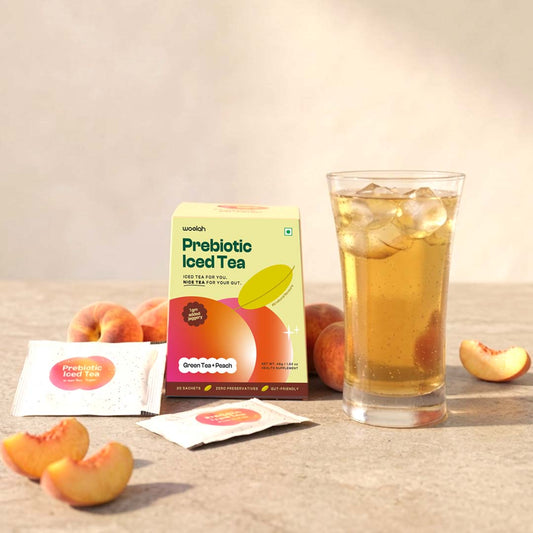 Prebiotic Peach Iced Green Tea with only 1 gram Jaggery