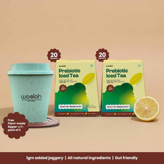 Prebiotic Lemon Masala Iced Green Tea with only 1 gram Jaggery
